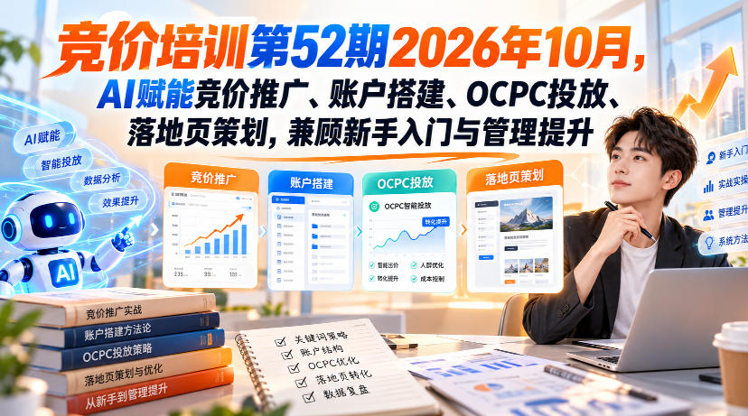 【无水印】竞价培训第52期2026年10月，AI赋能竞价推广、账户搭建、OCPC投放、落地页策划，兼顾新手入门与管理提升网络赚钱,项目资源网,副业资源网,兼职项目,网赚课程-副业赚钱-互联网创业-独家轻创IP大圣网创