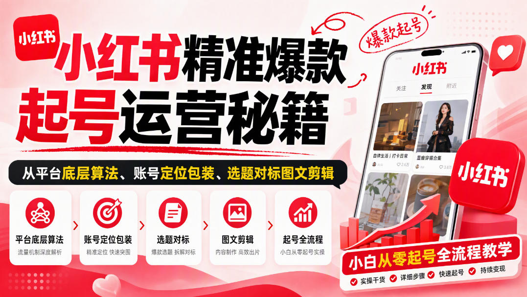 小红书精准爆款起号运营秘籍,从平台底层算法、账号定位包装、选题对标图文剪辑,小白从零起号全流程网络赚钱,项目资源网,副业资源网,兼职项目,网赚课程-副业赚钱-互联网创业-独家轻创IP大圣网创