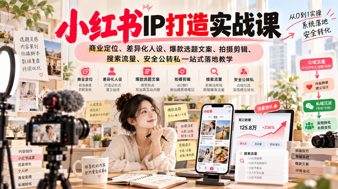 小红书ip打造实战课,商业定位、差异化人设、爆款选题文案、拍摄剪辑、搜索流量、安全公转私一站式落地教学网络赚钱,项目资源网,副业资源网,兼职项目,网赚课程-副业赚钱-互联网创业-独家轻创IP大圣网创