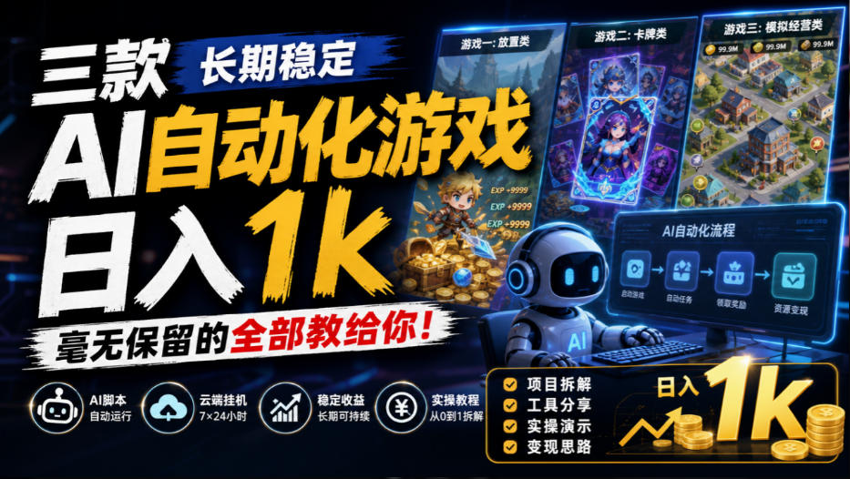 三款长期稳定AI自动化游戏,日入1k,毫无保留的全部教给你!【揭秘】网络赚钱,项目资源网,副业资源网,兼职项目,网赚课程-副业赚钱-互联网创业-独家轻创IP大圣网创
