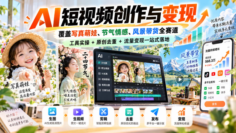 AI短视频创作与变现，覆盖写真萌娃、节气情感、风景带货全赛道，工具实操+原创去重+流量变现一站式落地网络赚钱,项目资源网,副业资源网,兼职项目,网赚课程-副业赚钱-互联网创业-独家轻创IP大圣网创