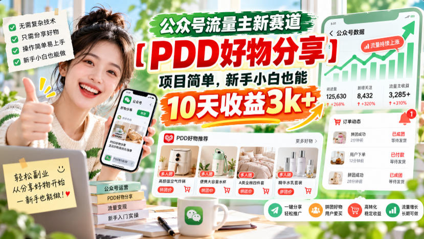 公众号流量主新赛道【PDD好物分享】,项目简单,新手小白也能10天收益3k+网络赚钱,项目资源网,副业资源网,兼职项目,网赚课程-副业赚钱-互联网创业-独家轻创IP大圣网创