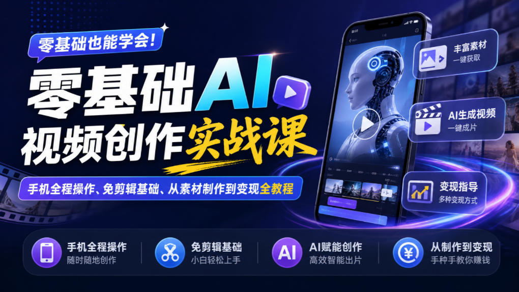 零基础AI视频创作实战课|手机全程操作、免剪辑基础、从素材制作到变现全教程网络赚钱,项目资源网,副业资源网,兼职项目,网赚课程-副业赚钱-互联网创业-独家轻创IP大圣网创