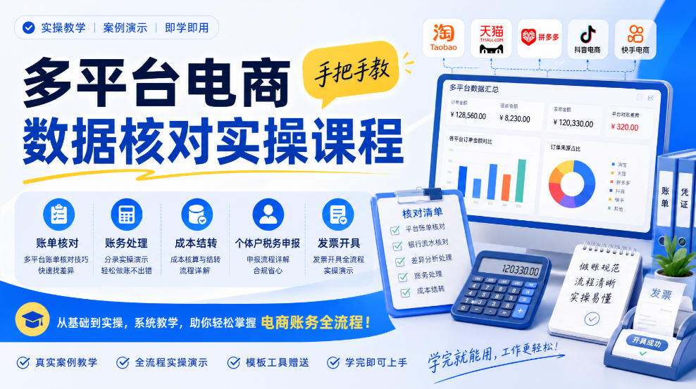 多平台电商数据核对实操课程,手把手教账单核对、账务处理、成本结转、个体户税务申报与发票开具网络赚钱,项目资源网,副业资源网,兼职项目,网赚课程-副业赚钱-互联网创业-独家轻创IP大圣网创