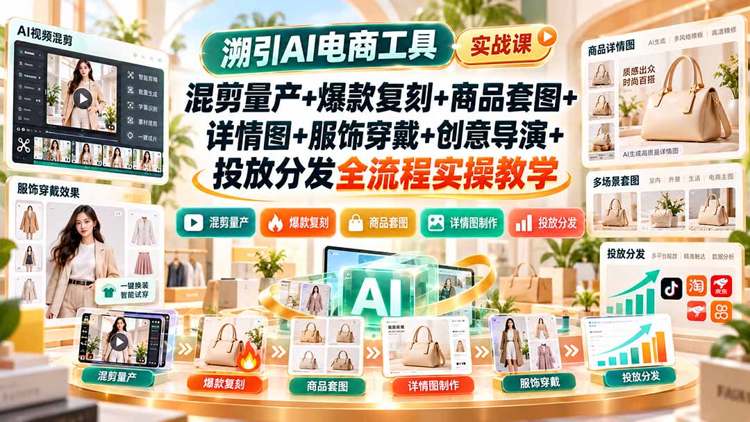 溯引AI电商工具实战课：混剪量产+爆款复刻+商品套图+详情图+服饰穿戴+创意导演+投放分发全流程实操教学网络赚钱,项目资源网,副业资源网,兼职项目,网赚课程-副业赚钱-互联网创业-独家轻创IP大圣网创