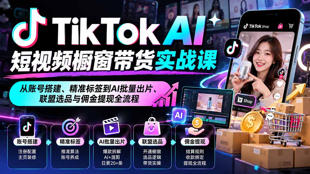 TikTok AI短视频橱窗带货实战课：从账号搭建、精准标签到AI批量出片、联盟选品与佣金提现全流程网络赚钱,项目资源网,副业资源网,兼职项目,网赚课程-副业赚钱-互联网创业-独家轻创IP大圣网创
