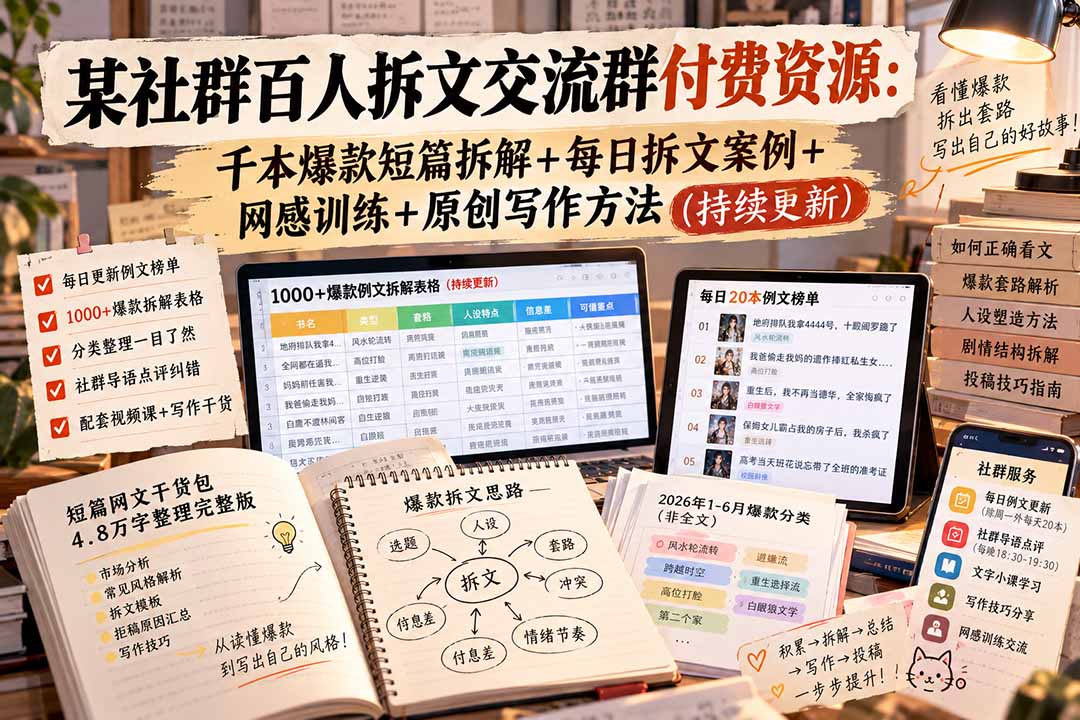 某社群百人拆文交流群付费资源-更新0929:千本爆款短篇拆解+每日拆文案例+网感训练+原创写作方法网络赚钱,项目资源网,副业资源网,兼职项目,网赚课程-副业赚钱-互联网创业-独家轻创IP大圣网创