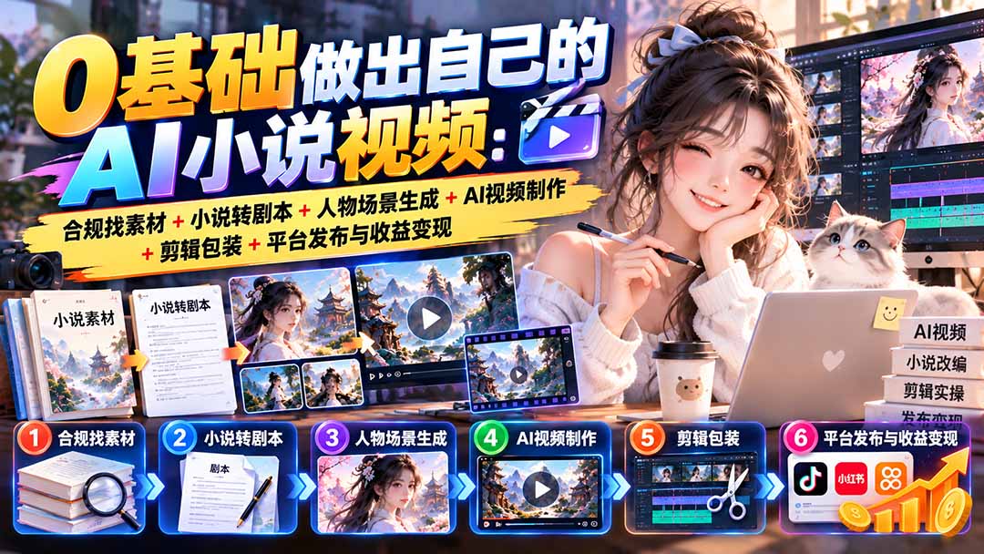 0基础做出自己的AI小说视频：合规找素材+小说转剧本+人物场景生成+AI视频制作+剪辑包装+平台发布与收益变现网络赚钱,项目资源网,副业资源网,兼职项目,网赚课程-副业赚钱-互联网创业-独家轻创IP大圣网创