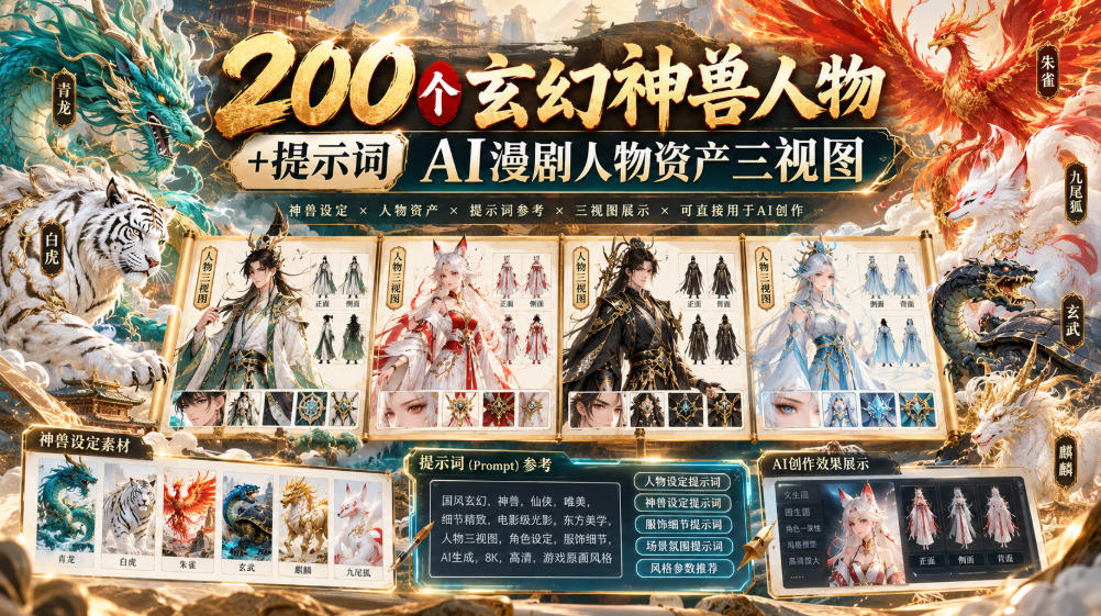 200个玄幻神兽人物+提示词ai漫剧人物资产三视图网络赚钱,项目资源网,副业资源网,兼职项目,网赚课程-副业赚钱-互联网创业-独家轻创IP大圣网创