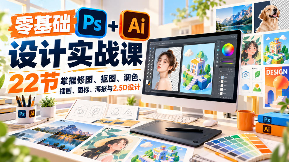【无水印】零基础PS+AI设计实战课|22节掌握修图、抠图、调色、插画、图标、海报与2.5D设计网络赚钱,项目资源网,副业资源网,兼职项目,网赚课程-副业赚钱-互联网创业-独家轻创IP大圣网创