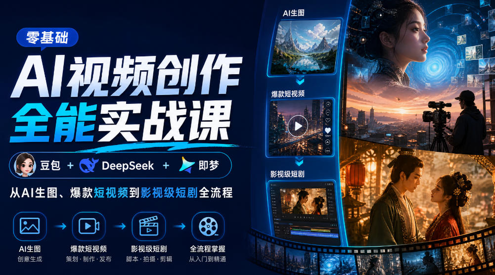 零基础AI视频创作全能实战课|豆包+DeepSeek+即梦,从AI生图、爆款短视频到影视级短剧全流程网络赚钱,项目资源网,副业资源网,兼职项目,网赚课程-副业赚钱-互联网创业-独家轻创IP大圣网创