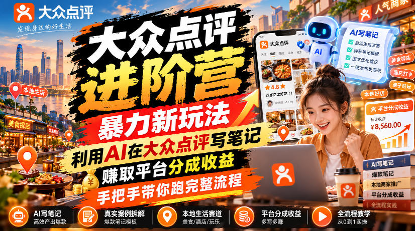 大众点评进阶营,暴力新玩法,利用AI在大众点评写笔记, 賺取平台分成收益,手把手带你跑完整流程网络赚钱,项目资源网,副业资源网,兼职项目,网赚课程-副业赚钱-互联网创业-独家轻创IP大圣网创