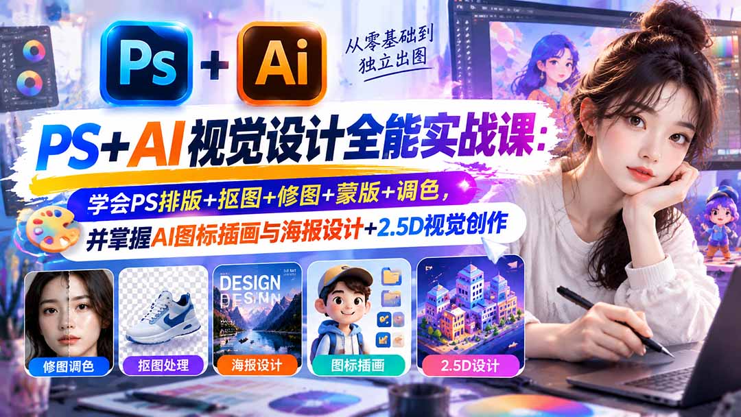 【无水印】PS+AI视觉设计全能实战课：学会PS排版+抠图+修图+蒙版+调色，并掌握AI图标插画与海报设计+2.5D视觉创作网络赚钱,项目资源网,副业资源网,兼职项目,网赚课程-副业赚钱-互联网创业-独家轻创IP大圣网创