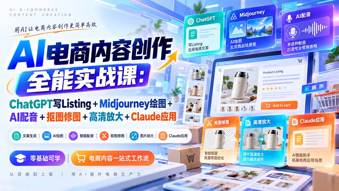 【无水印】AI电商内容创作全能实战课：ChatGPT写Listing+Midjourney绘图+AI配音+抠图修图+高清放大+Claude应用网络赚钱,项目资源网,副业资源网,兼职项目,网赚课程-副业赚钱-互联网创业-独家轻创IP大圣网创