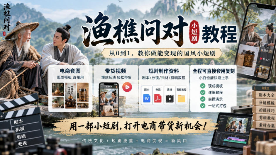 渔樵问对小短剧教程，包含电商套图、带货视频，短剧制作资料，全程可直接套用复刻网络赚钱,项目资源网,副业资源网,兼职项目,网赚课程-副业赚钱-互联网创业-独家轻创IP大圣网创