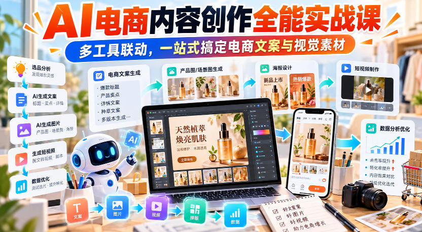 【无水印】AI电商内容创作全能实战课｜多工具联动，一站式搞定电商文案与视觉素材网络赚钱,项目资源网,副业资源网,兼职项目,网赚课程-副业赚钱-互联网创业-独家轻创IP大圣网创