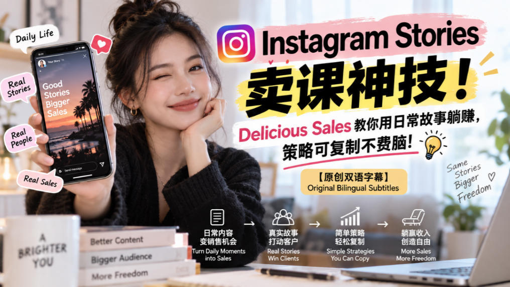 Instagram Stories卖课神技!Delicious Sales教你用日常故事躺賺,策略可复制不费脑!【原创双语字幕】网络赚钱,项目资源网,副业资源网,兼职项目,网赚课程-副业赚钱-互联网创业-独家轻创IP大圣网创