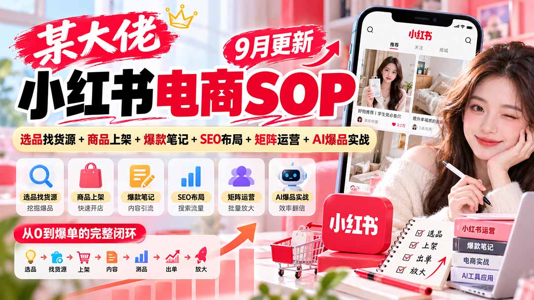 某大佬小红书电商SOP｜9月更新：选品找货源+商品上架+爆款笔记+SEO布局+矩阵运营+AI爆品实战网络赚钱,项目资源网,副业资源网,兼职项目,网赚课程-副业赚钱-互联网创业-独家轻创IP大圣网创