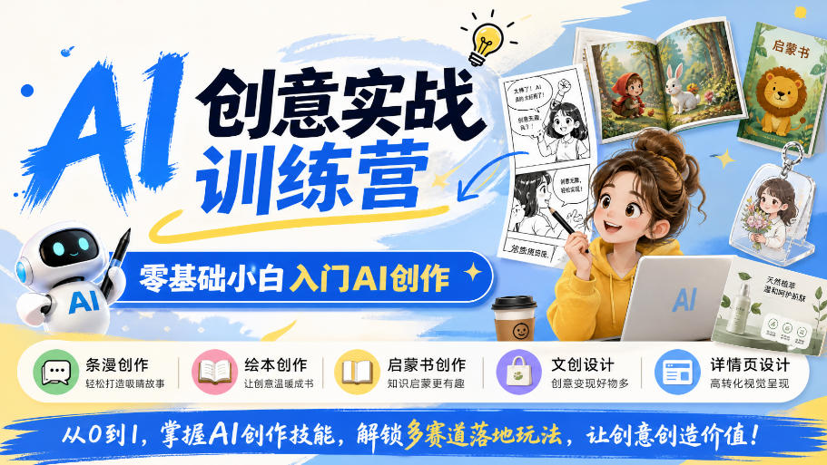 AI创意实战训练营,零基础小白入门AI创作,解锁条漫、绘本、启蒙书、文创、详情页多赛道落地玩法网络赚钱,项目资源网,副业资源网,兼职项目,网赚课程-副业赚钱-互联网创业-独家轻创IP大圣网创