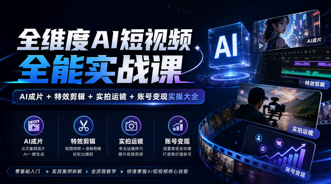 全维度AI短视频全能实战课,AI成片+特效剪辑+实拍运镜+账号变现实操大全网络赚钱,项目资源网,副业资源网,兼职项目,网赚课程-副业赚钱-互联网创业-独家轻创IP大圣网创