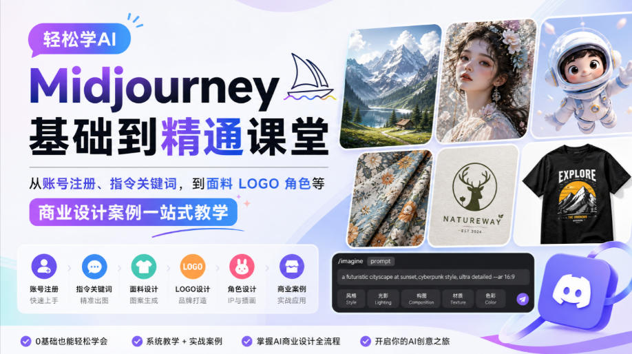 轻松学AI Midjourney基础到精通课堂,从账号注册、指令关键词,到面料LOGO角色等商业设计案例一站式教学网络赚钱,项目资源网,副业资源网,兼职项目,网赚课程-副业赚钱-互联网创业-独家轻创IP大圣网创