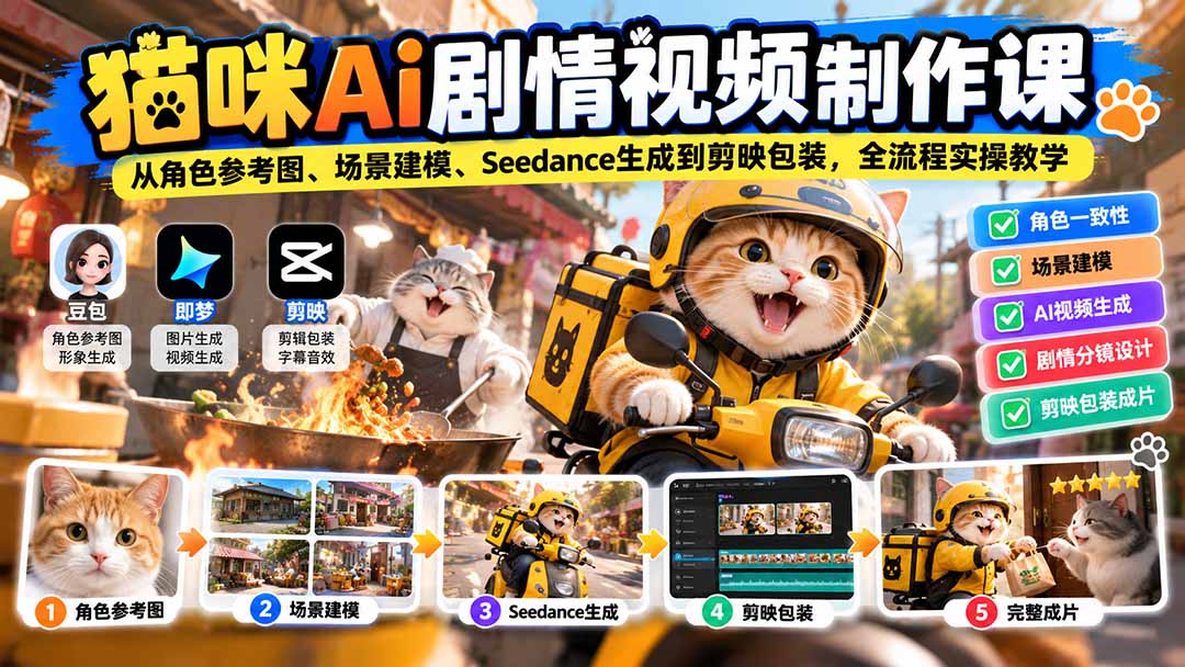 猫咪AI剧情视频制作课:从角色参考图、场景建模、Seedance生成到剪映包装,全流程实操教学网络赚钱,项目资源网,副业资源网,兼职项目,网赚课程-副业赚钱-互联网创业-独家轻创IP大圣网创