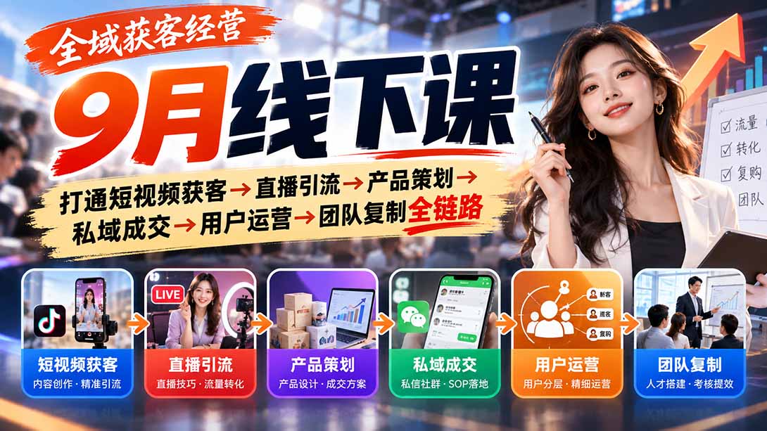 全域获客经营9月线下课：打通短视频获客→直播引流→产品策划→私域成交→用户运营→团队复制全链路网络赚钱,项目资源网,副业资源网,兼职项目,网赚课程-副业赚钱-互联网创业-独家轻创IP大圣网创