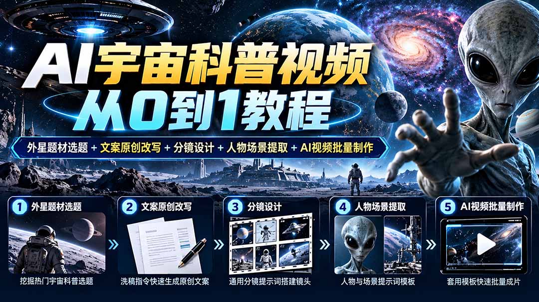 AI宇宙科普视频从0到1教程｜外星题材选题+文案原创改写+分镜设计+人物场景提取+AI视频批量制作网络赚钱,项目资源网,副业资源网,兼职项目,网赚课程-副业赚钱-互联网创业-独家轻创IP大圣网创