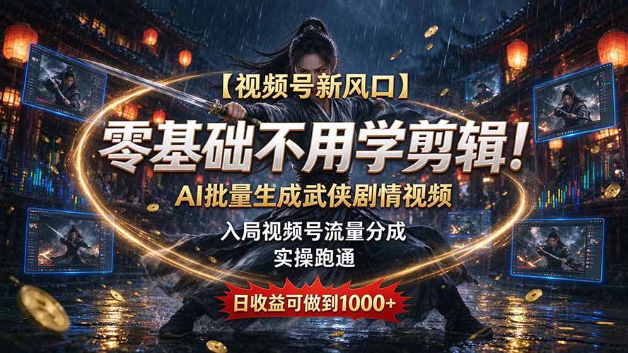 【视频号新风口】零基础不用学剪辑！AI 批量生成武侠剧情视频，入局视频号流量分成，实操跑通，日收益可做到 1000+网络赚钱,项目资源网,副业资源网,兼职项目,网赚课程-副业赚钱-互联网创业-独家轻创IP大圣网创