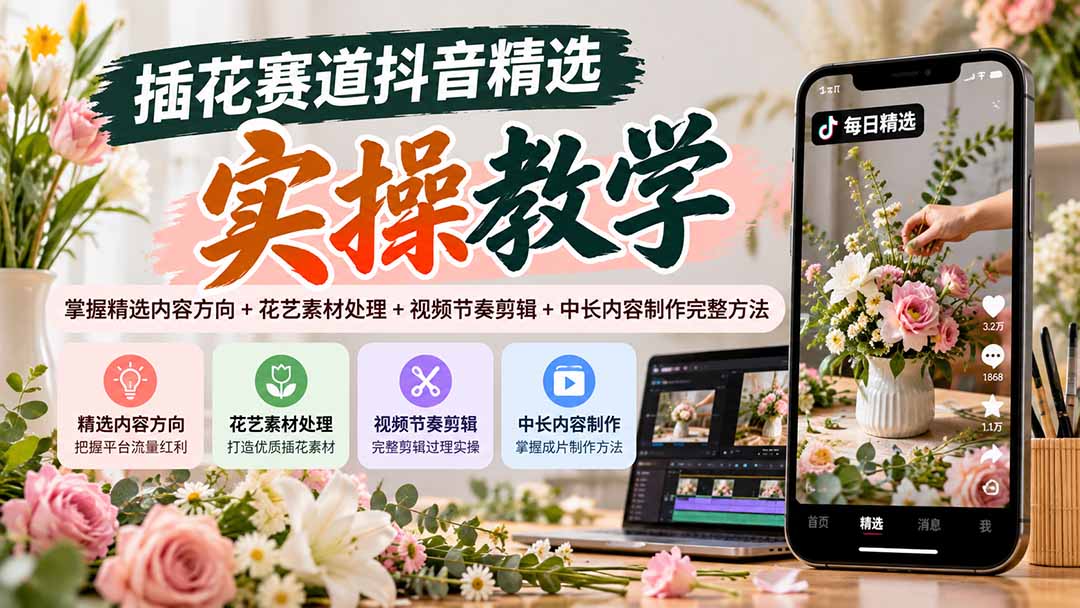 插花赛道抖音精选实操教学：掌握精选内容方向+花艺素材处理+视频节奏剪辑+中长内容制作完整方法网络赚钱,项目资源网,副业资源网,兼职项目,网赚课程-副业赚钱-互联网创业-独家轻创IP大圣网创