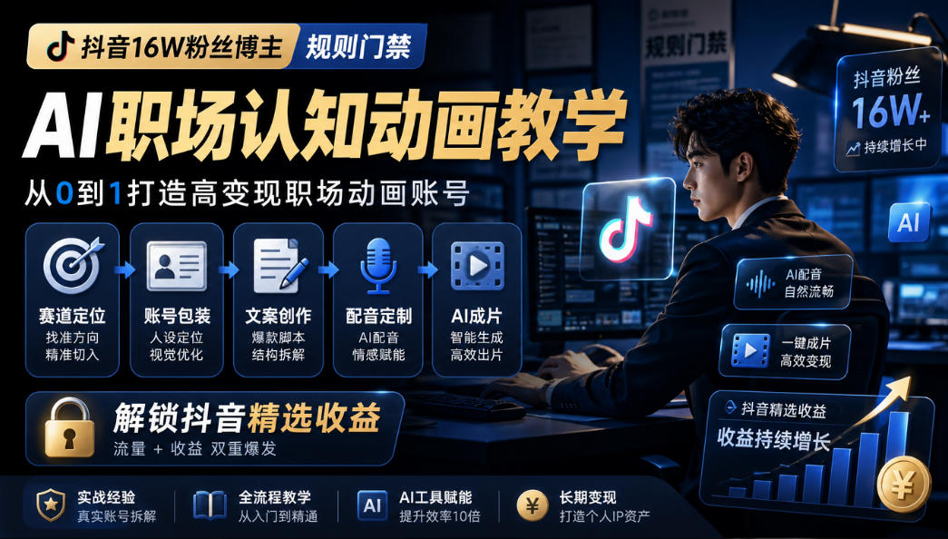 抖音16W粉丝博主规则门禁的AI职场认知动画教学，从赛道定位、账号包装，到文案创作、配音定制、AI成片，解锁抖音精选收益网络赚钱,项目资源网,副业资源网,兼职项目,网赚课程-副业赚钱-互联网创业-独家轻创IP大圣网创