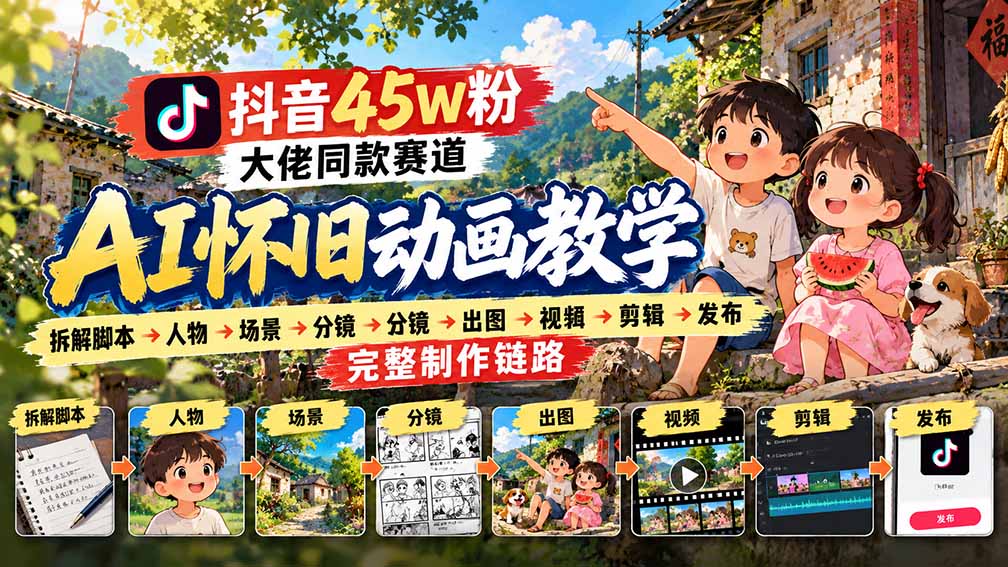 抖音45W粉大佬同款赛道AI怀旧动画教学：拆解脚本→人物→场景→分镜→出图→视频→剪辑→发布完整制作链路网络赚钱,项目资源网,副业资源网,兼职项目,网赚课程-副业赚钱-互联网创业-独家轻创IP大圣网创