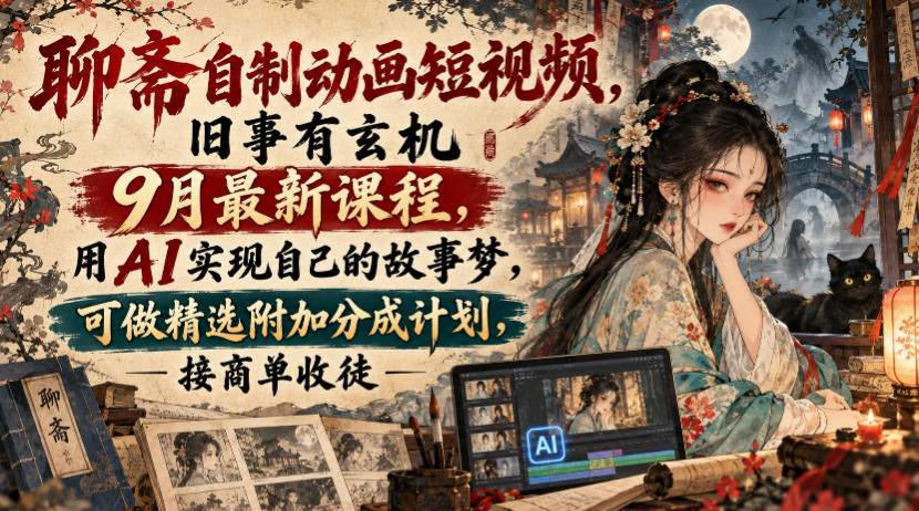 聊斋自制动画短视频，旧事有玄机9月最新课程，用AI实现自己的故事梦，可做精选附加分成计划，接商单收徒网络赚钱,项目资源网,副业资源网,兼职项目,网赚课程-副业赚钱-互联网创业-独家轻创IP大圣网创