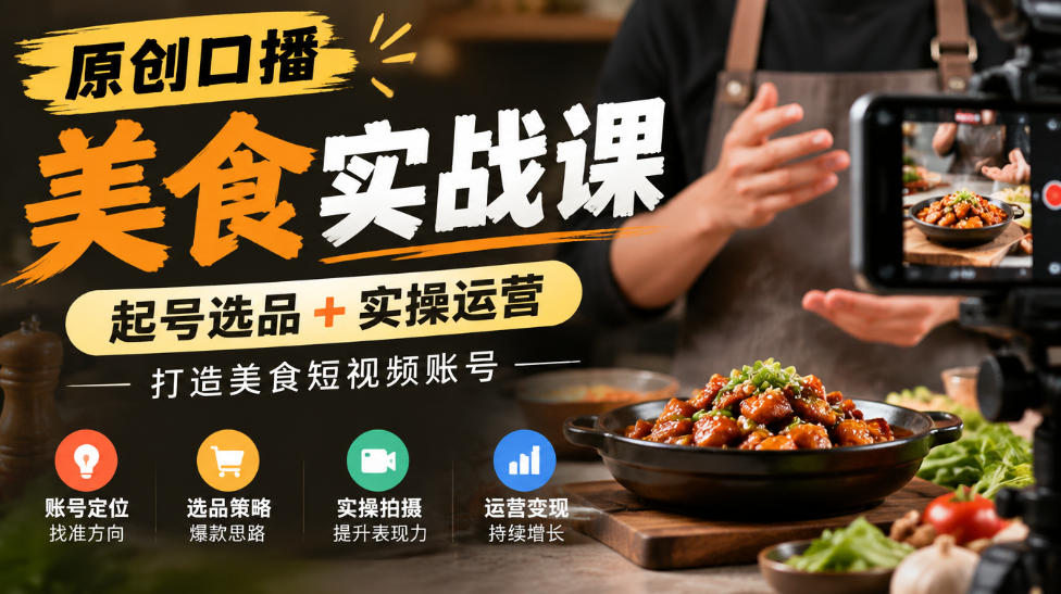 原创口播美食实战课，起号选品+实操运营，打造美食短视频账号网络赚钱,项目资源网,副业资源网,兼职项目,网赚课程-副业赚钱-互联网创业-独家轻创IP大圣网创