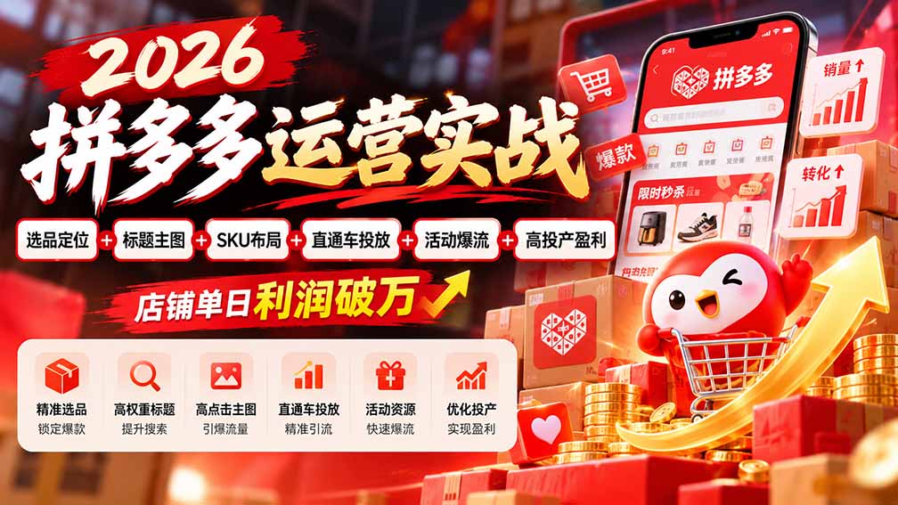 2026拼多多运营实战-更新1002：选品定位+标题主图+SKU布局+直通车投放+活动爆流+高投产盈利 店铺单日利润破万网络赚钱,项目资源网,副业资源网,兼职项目,网赚课程-副业赚钱-互联网创业-独家轻创IP大圣网创