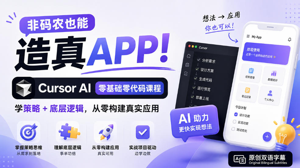 非码农也能造真APP！Cursor AI零基础零代码课程：学策略+底层逻辑，从零构建真实应用【原创双语字幕】网络赚钱,项目资源网,副业资源网,兼职项目,网赚课程-副业赚钱-互联网创业-独家轻创IP大圣网创