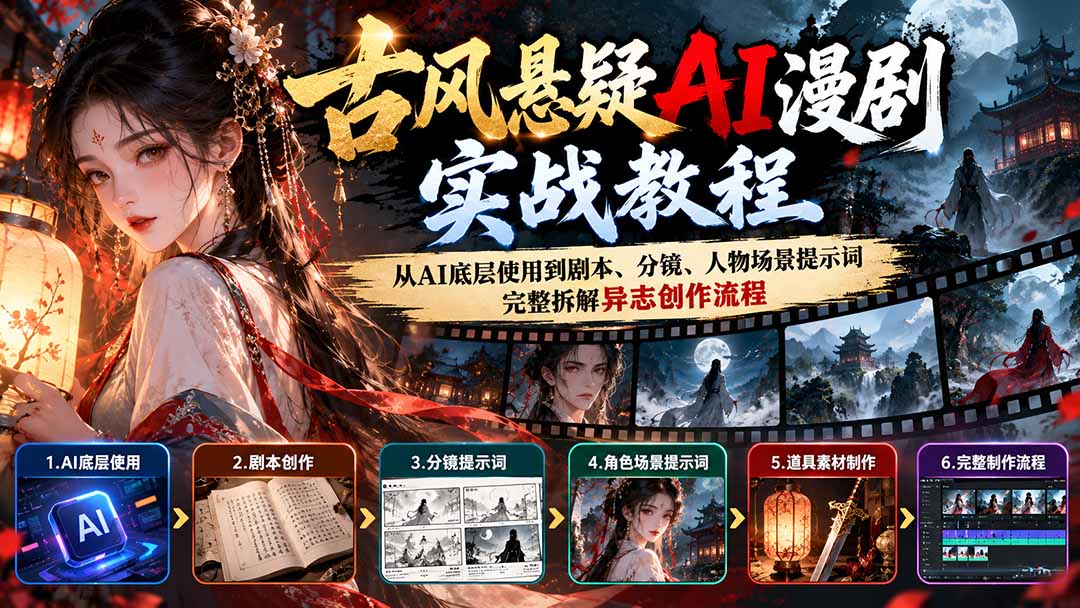 古风悬疑AI漫剧实战教程：从AI底层使用到剧本、分镜、人物场景提示词，完整拆解异志创作流程网络赚钱,项目资源网,副业资源网,兼职项目,网赚课程-副业赚钱-互联网创业-独家轻创IP大圣网创