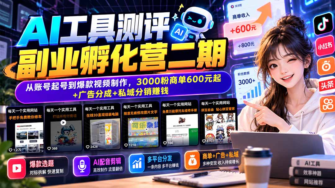 AI工具测评副业孵化营二期：从账号起号到爆款视频制作，3000粉商单600元起+广告分成+私域分销赚钱网络赚钱,项目资源网,副业资源网,兼职项目,网赚课程-副业赚钱-互联网创业-独家轻创IP大圣网创