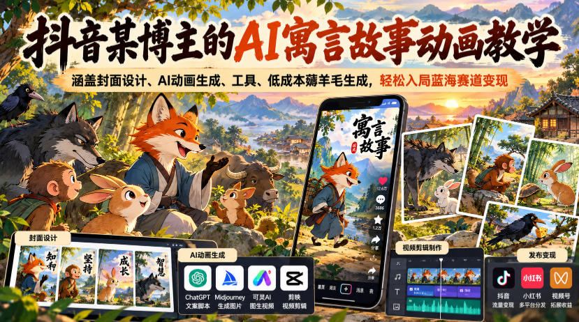 抖音某博主的AI寓言故事动画教学，涵盖封面设计、AI动画生成、工具、低成本薅羊毛生成，轻松入局蓝海赛道变现网络赚钱,项目资源网,副业资源网,兼职项目,网赚课程-副业赚钱-互联网创业-独家轻创IP大圣网创