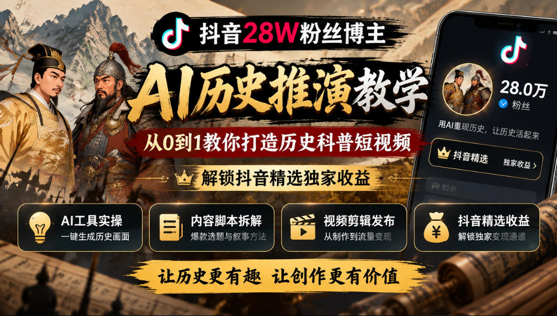 抖音28W粉丝博主的AI历史推演教学，从0到1教你打造历史科普短视频，解锁抖音精选独家收益网络赚钱,项目资源网,副业资源网,兼职项目,网赚课程-副业赚钱-互联网创业-独家轻创IP大圣网创