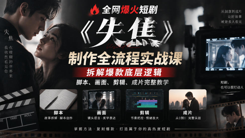 全网爆火短剧《失焦》制作全流程实战课｜拆解爆款底层逻辑，脚本、画面、剪辑、成片完整教学网络赚钱,项目资源网,副业资源网,兼职项目,网赚课程-副业赚钱-互联网创业-独家轻创IP大圣网创