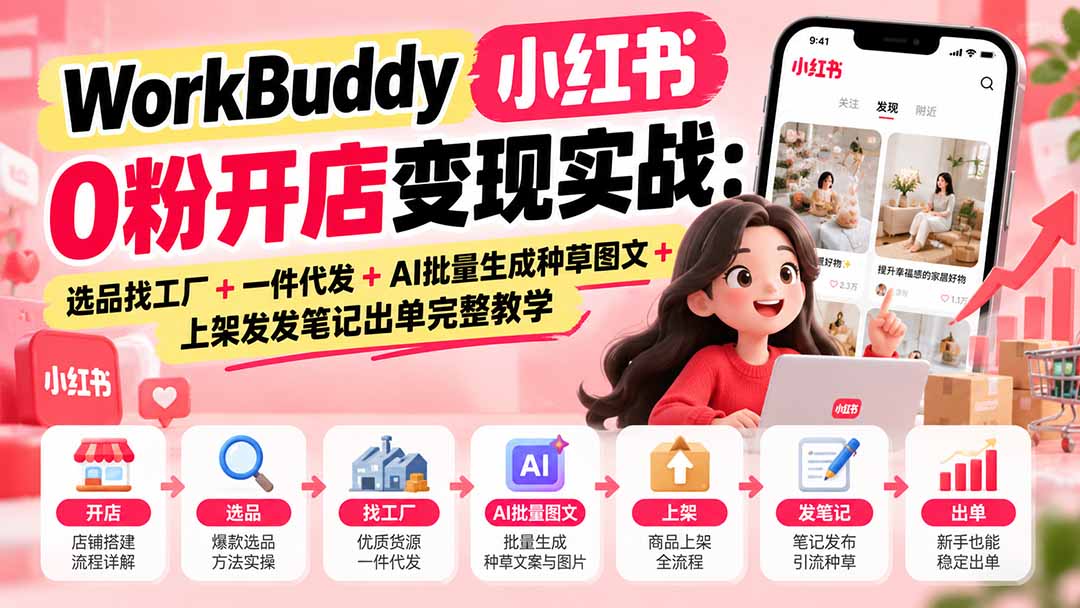 WorkBuddy小红书0粉开店变现实战：选品找工厂+一件代发+AI批量生成种草图文+上架发发笔记出单完整教学网络赚钱,项目资源网,副业资源网,兼职项目,网赚课程-副业赚钱-互联网创业-独家轻创IP大圣网创