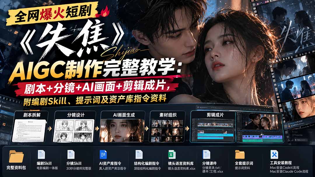 全网爆火短剧《失焦》AIGC制作完整教学：剧本+分镜+AI画面+剪辑成片，附编剧Skill、提示词及资产库指令资料网络赚钱,项目资源网,副业资源网,兼职项目,网赚课程-副业赚钱-互联网创业-独家轻创IP大圣网创