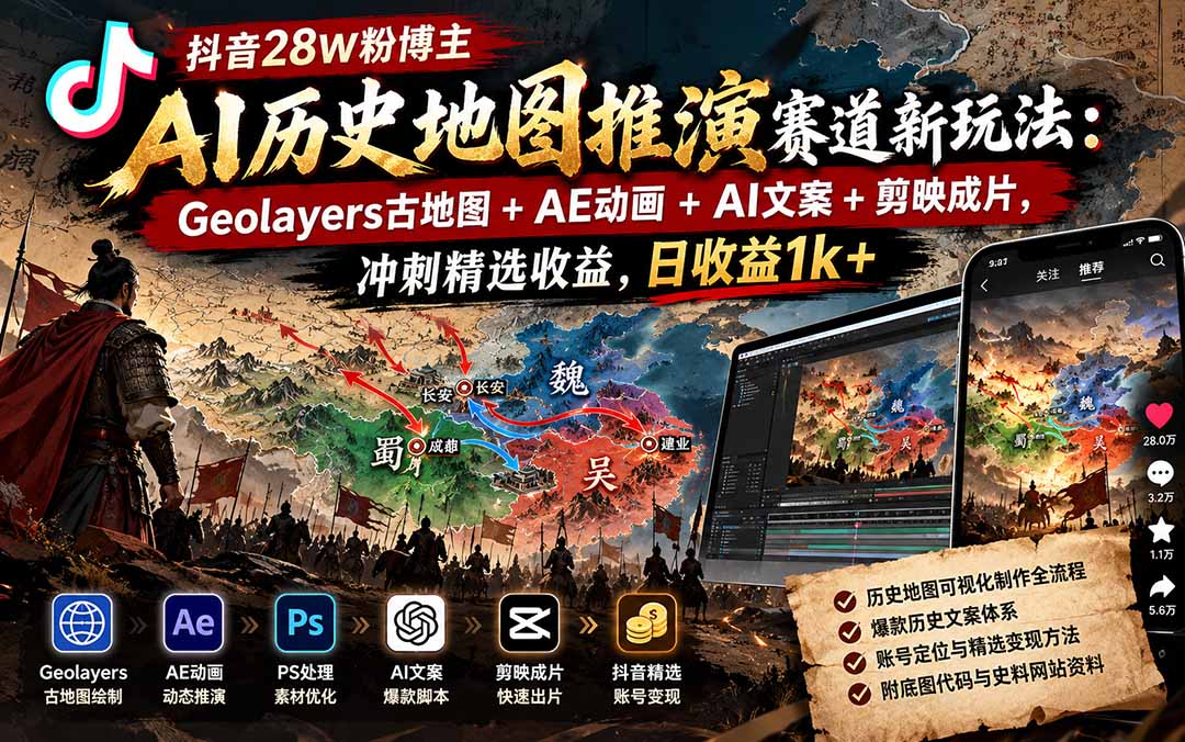 抖音28W粉博主AI历史地图推演赛道新玩法：Geolayers古地图+AE动画+AI文案+剪映成片，冲刺精选收益，日收益1k+网络赚钱,项目资源网,副业资源网,兼职项目,网赚课程-副业赚钱-互联网创业-独家轻创IP大圣网创