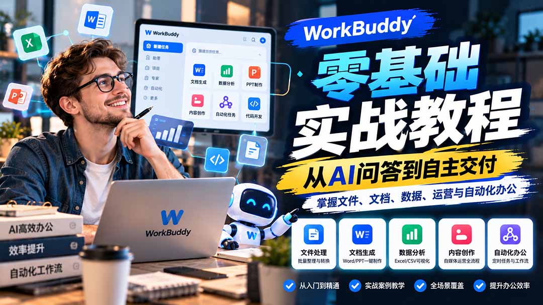 WorkBuddy零基础实战教程:从AI问答到自主交付,掌握文件、文档、数据、运营与自动化办公网络赚钱,项目资源网,副业资源网,兼职项目,网赚课程-副业赚钱-互联网创业-独家轻创IP大圣网创