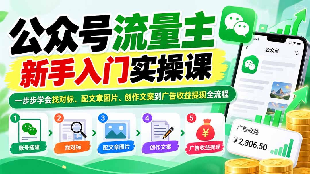 公众号流量主新手入门实操课：一步步学会找对标、配文章图片、创作文案到广告收益提现全流程网络赚钱,项目资源网,副业资源网,兼职项目,网赚课程-副业赚钱-互联网创业-独家轻创IP大圣网创