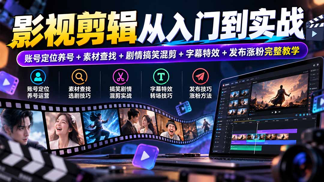 影视剪辑从入门到实战：账号定位养号+素材查找+剧情搞笑混剪+字幕特效+发布涨粉完整教学网络赚钱,项目资源网,副业资源网,兼职项目,网赚课程-副业赚钱-互联网创业-独家轻创IP大圣网创