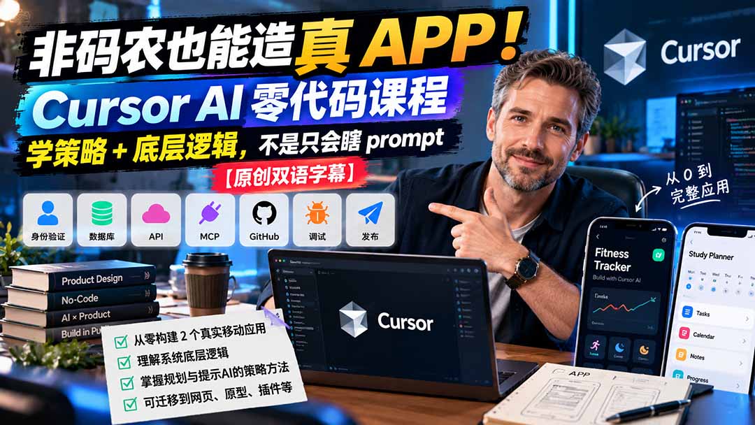 非码农也能造真 APP！Cursor AI 零代码课程：学策略 + 底层逻辑，不是只会瞎 prompt【原创双语字幕】网络赚钱,项目资源网,副业资源网,兼职项目,网赚课程-副业赚钱-互联网创业-独家轻创IP大圣网创