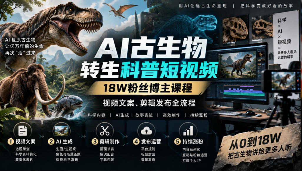 AI古生物转生科普短视频，18W粉丝博主课程，视频文案、剪辑发布全流程网络赚钱,项目资源网,副业资源网,兼职项目,网赚课程-副业赚钱-互联网创业-独家轻创IP大圣网创