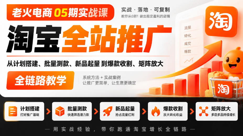 老火电商05期实战课|淘宝全站推广从计划搭建、批量测款、新品起量到爆款收割、矩阵放大全链路教学网络赚钱,项目资源网,副业资源网,兼职项目,网赚课程-副业赚钱-互联网创业-独家轻创IP大圣网创